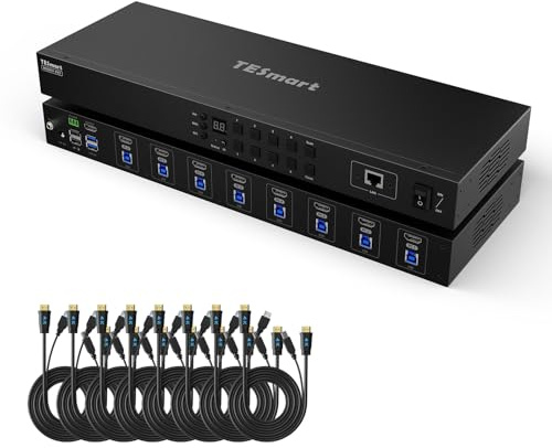 TESmart 4K@60Hz HDMI KVM Switch 8 Puertos, HDMI 2.0 y USB 3.0, Conmutador KVM para 8 PC y 1 Monitor, EDID, Hotkey, Modo Auto-Scan y Auto-Detect, LAN/RS232, Mando IR, Incluye 8 Cables KVM