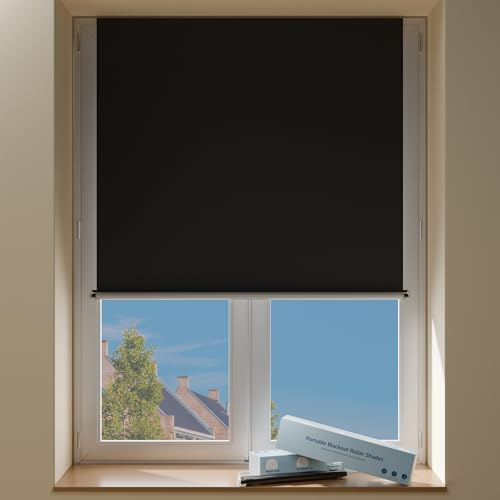Sumobaby Blackout Curtains Portable Roll-Up,No Drill Blackout Roller Shades with Heat-Resistance Magic Tapes,100% Blackout Window Cover,Thermal Insulated Blinds for Windows(W37” X L84”,1 Panel,Black)