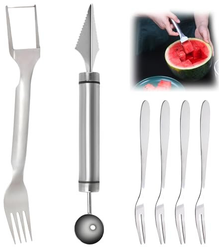 Obstschneider aus Edelstahl 2-in-1,Fruchtschnitzwerkzeug Melonenlöffel,Wassermelonen Schneider Neues Doppelkopf-Obstgabeln-Schneidemesser,Kugelausstecher Und Obstschnitzmesser 6 Stück