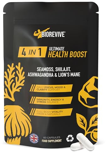Biorevive Ultimate Health Boost Sea Moss, Shilajit, Lion's Mane and Ashwagandha Complex 60 Capsules Natural Energy, Focus, Immunity and Gut Health Support Wellness Supplement