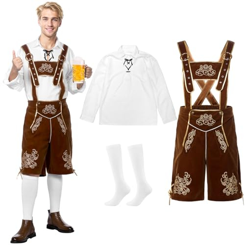 Harsever Oktoberfest - Conjunto de camisa tradicional tradicional para hombre, color blanco con pantalones de piel Paulgos, calcetines blancos, 3 piezas, traje tradicional bávaro, Estilo B., XL