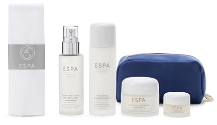 ESPA Winter Hydration Collection | 4 Step Spa Skincare Gift Set with Rose & Chamomile for Dehydrated Skin | Cleansing Milk, Floral Mist, Moisturiser, Overnight Mask, Cotton Cloth & Cosmetic Bag