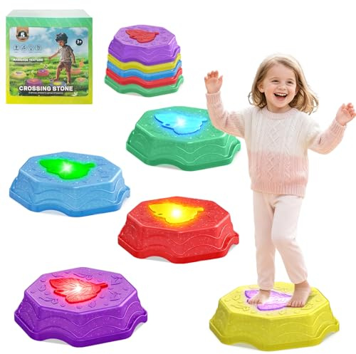 ABVSAB Stepping Stones for Kids with Light & Music,Toddler Sensory Toy for Obstacle Course Coordination，5 Pcs Balance Beams Birthday Gifts for Girls Boys Kids 3+