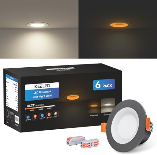 KEELED Black Downlight for Ceiling, Recessed Lighting with Night Light, 230V, 6W, 3CCT 3000K/4000K/6000K Selectable, 70-85mm Cutout, 6-Pack