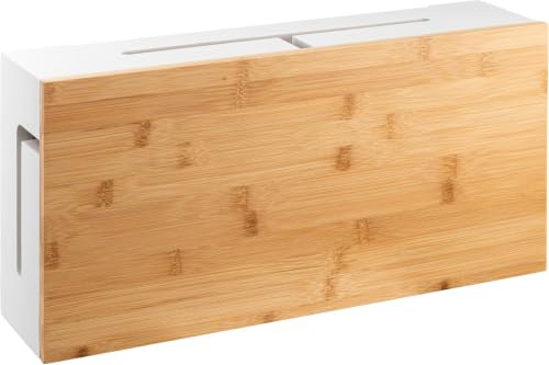 Caja de gestión de Cables de bambú 41×20×11 cm – Tapa magnética – Organizador de Cables con Kit para Montaje en Pared – Caja ocultacables para Escritorio y Zona TV (Blanco L)