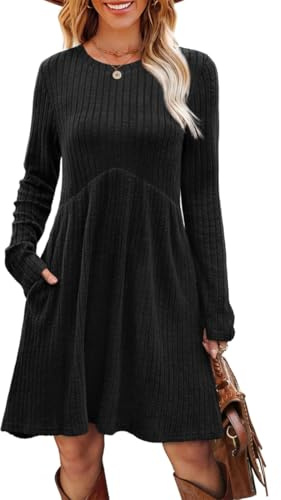 AOWVUTS Robe Pull pour Femme à Manches Longues Mini Robe Tunique Décontractée avec Poches Élégante Courte Robes Ligne A Taille Haute Col Rond Casual Robes Chic et Automne Hiver