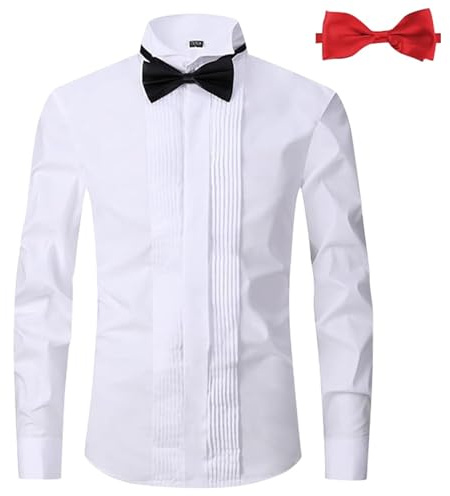 Camisa de esmoquin para hombre, cuello de solapa, camisa con botones, plisado frontal, camisas de ocio, puños franceses con 2 pajaritas, color liso, O blanco., XL