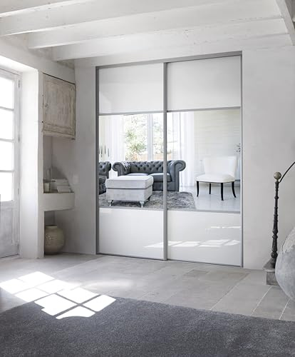 2 portes de placard coulissantes, hauteur 250 cm, largeur 180 cm, décor brillant blanc, partitionné miroir argent, profils et rails gris inclus