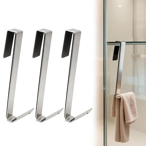 3 Pezzi Porta Asciugamani Bagno, Ganci per Porta della Doccia in Acciaio Inox, Senza Fori e Antiscivolo, Appendi Accappatoio Bagno per Porte in Vetro Senza Cornice (Argento)