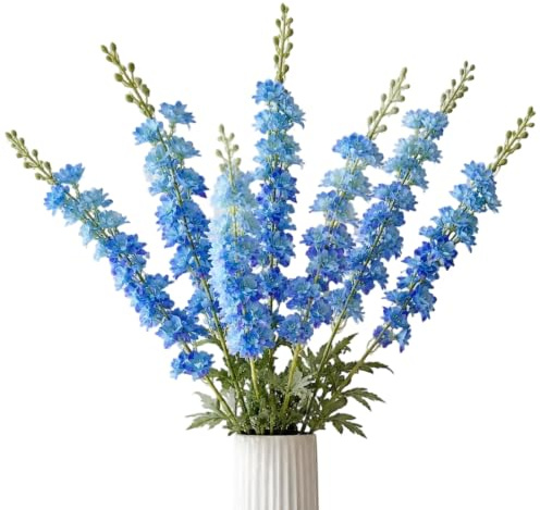 8Pcs Blue Artificial Flowers 33.5 Long Stems Artificial Delphinium Flowers | Faux Delphinium Flowers Tall Silk Larkspur Flowers Fake Flowers for Tall Vase Wedding Table Floral Arrangement Home Decor