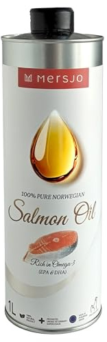 MERSJO 100 % norsk laxolja för hundar och katter 1 000 ml – kallpressad, oraffinerad, rik på Omega 3 (EPA DHA) – premiumtilläggsfoder i aluminiumburk för maximal friskhet