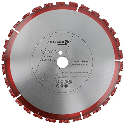 PRODIAMANT Disco da taglio professionale WoodCut 350 mm x 25,4 mm in metallo duro per legno, radici di alberi, bitume e feltro per tetti