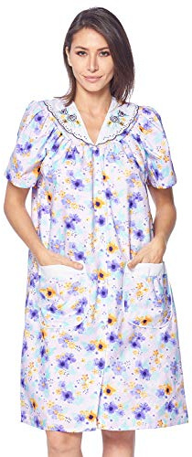 Casual Nights Womens Snap Front House Dress Short Sleeve Woven Housecoat Duster Lounger Robe, Floral Purple, Medium