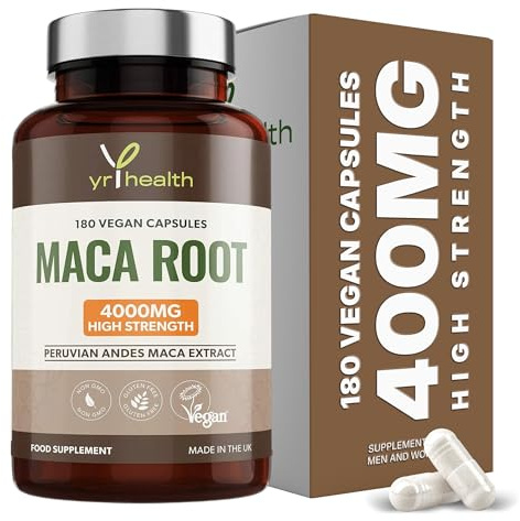 Maca Root Capsules 4000mg, 180 Vegan High Strength Peruvian Black Maca Extract Capsules, Sexual Health Supplement for Men and Women - Made in the UK by YrHealth