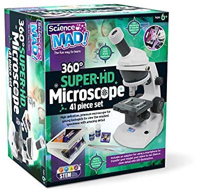 Science MAD! SM54-360 Super HD Microscope For Young Scientists - High Definition 200X Magnification Premium Microscope - Includes Mount for Smartphone Capture, 41 Piece Set, 6+ Years