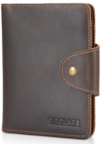 Polare Full Grain Leather Slim and Soft RFID Blocking wallet For Men Snap Bifold Travel Wallet Passport Holders 2 Passports (Dark Brown)