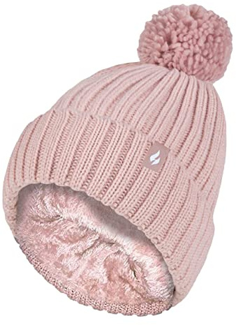 HEAT HOLDERS - Ladies Thick Chunky Ribbed Cuffed Thermal Insulated Winter Pom Pom Bobble Hat (One Size, Dusky Pink)