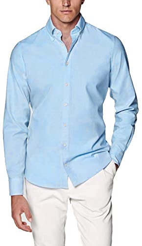 HISDERN Men's Shirts Formal Dress Shirt Long Sleeve Regular Fit Casual Shirt Solid Button Up Shirts Twill Blue XXL