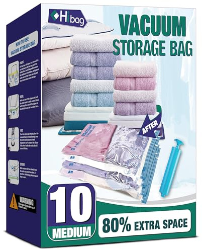Vacuum Storage Bags, 10 Medium Space Saver Vacuum Seal Bags, Space Bags, Vacuum Sealer Bags for Clothes with Travel Hand Pump (10M)