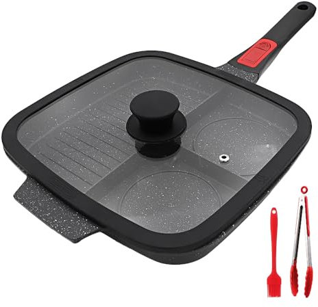 Bobikuke Griddle Pan with Detachable Handle, Non Stick Sectional Skillet with Lid Grill Pan Induction 3 Section - Black