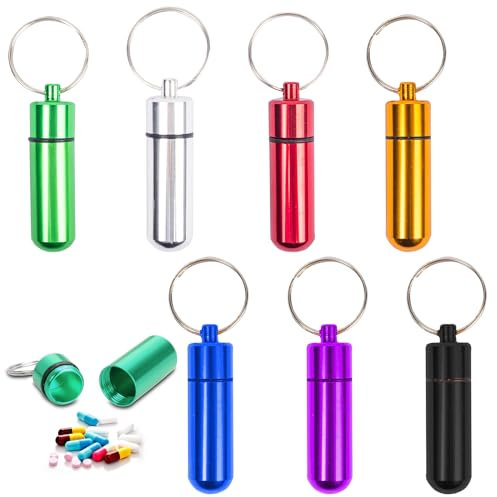 Pillendose Schlüsselanhänger, Pillenbox Schlüsselanhänger, 7 Stück Pillendose Klein, Mini Kapsel Pillendose, Abnehmbar Pillendose, Tablettenbox, Mini Pillen Dose, für Reisen, Outdoor