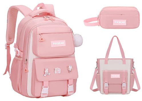 Damaiyiyi Girls' Backpack 3-Piece Set School Backpack Cute Badge Plush Pendant Accessories (pink)