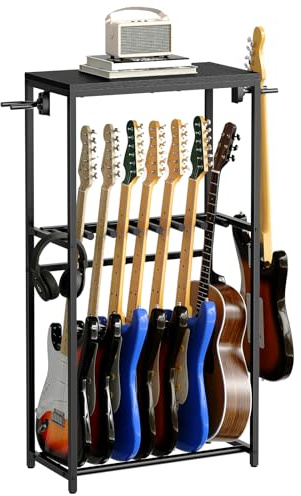 MAHANCRIS Gitarrenständer, 2-Stöckiger Gitarrenständer für Akustikgitarre, E-Gitarre, Bass, Ukulele, Banjo, Plattenspielerständer, mit Gitarrenzubehörständer, EVA-Schutzfolie, Schwarz AGSHB6701