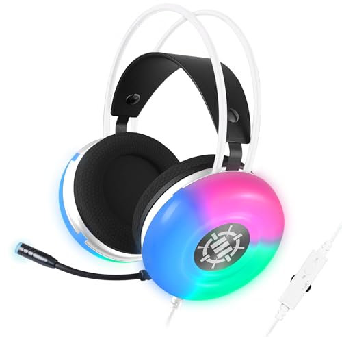ENHANCE Theorem 3 Casque Blanc - Casque Gaming PC avec Résonateurs de Basses Intégrés, Son Stéréo 2.0, LED Changeantes, Haut-Parleurs 50 mm - Casque Contrôleur Intégré, Comprend Un Adaptateur