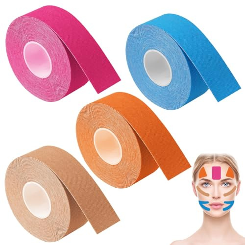 4 Piezas Face Lift Tape, 2.5 cm x 5 m Cintas Kinesiologicas Faciales, Cinta de Estiramiento Facial, Kinesiotape Facial, Cinta Kinesiologica Facial Adhesivo (Color de la Piel, Naranja, Rosa, Azul)