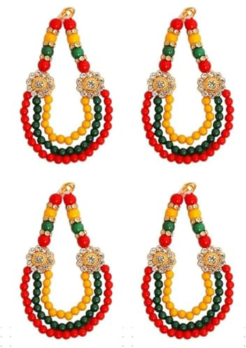 Uppsättning av 4 Mala för Laddu Gopal/Devi Maa/Radha Krishna/indisk traditionell Holi festival gud gudinna set gudomar smycken Alla Gud Idol staty (storlek: - 8,9 cm) (Färg: - Grön, röd och gul)