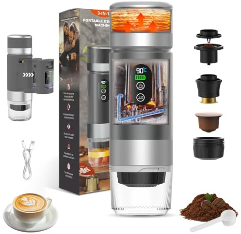 Vtizikl Portable Coffee Machine, 3-in-1 Travel Espresso Machine, Compatible with Small & Large Capsules, Ground Coffee, Self-Heating, USB-C, Ideal for Camping, Office & Home (Gray)