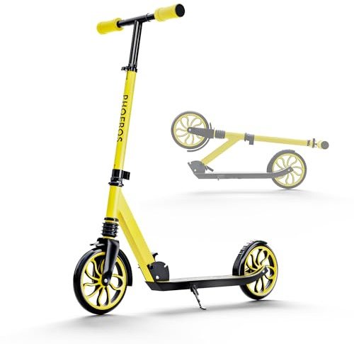 PHOEROS Patinete Plegable para Niños 6-12 Años, Adolescentes y Adultos - con Amortiguación, Ruedas Grandes 120mm, 3 Alturas Ajustables y Ligero de Aluminio (Yellow)