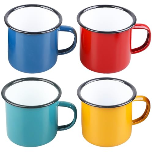 350 ml emalj kopp set om 4, röd/blå/grön/gul bärbar och återanvändbar emalj muggar, porslin kaffekoppar, tekoppar, lätt campingkopp för hem, fest, kontor eller camping