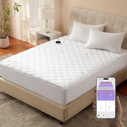 BWARM HOME WLAN-Wärmeunterbett 160×200 cm (Queen Size), elektrisches Heizunterbett mit 9 Heizstufen, 1–12 Std. Abschaltautomatik, extra Tiefe Taschen, maschinenwaschbar, diamantgesteppt