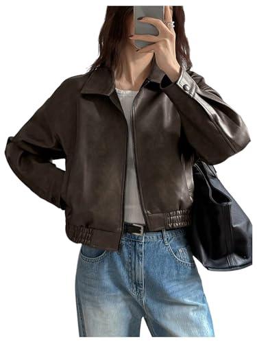 Milumia Women's Faux Leather Zip Up Jacket Vintage Collared Long Sleeve Motorcycle Jackets Deep Brown Small