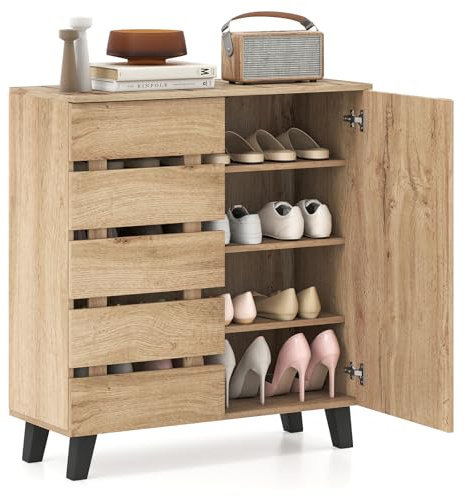 COSTWAY Meuble a Chaussure à 4 Niveaux, 3 Étagères Amovibles et Portes, Meuble Chaussure Entree 16 Paires, Pieds Surélevés, Dispositif Anti-Basculement, Meuble de Rangement pour Entrée Salon, Naturel