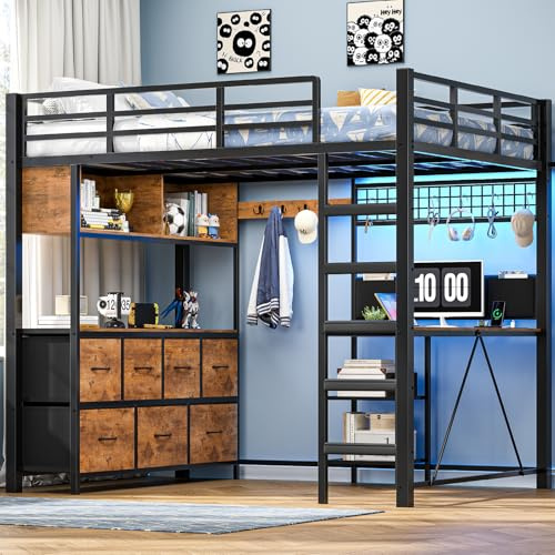 MSmask Full Size Loft Bed with 7 Storage Drawers, Large 2-Cube Bookshelf, L Desk & Charging Station, Metal Loft Bed with LED Lights & Open Shelf, Bed with Safety Guardrail & Ladders, Rustic Brown