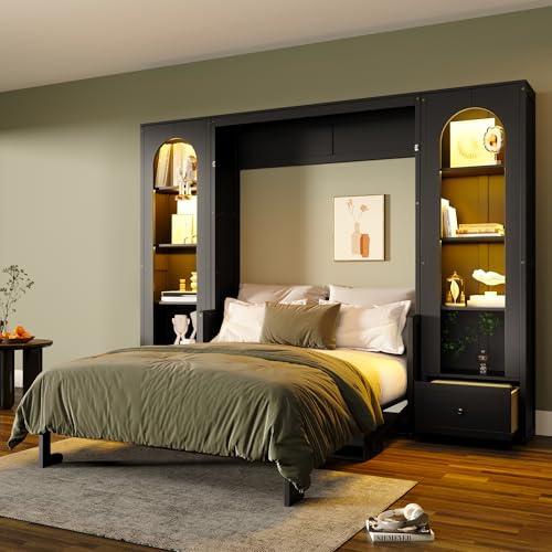 Merax Queen Size Murphy Platform Bed with Shelf, Side Cabinets, Drawers and LED, Black