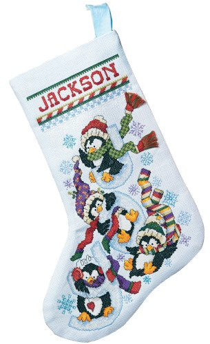 Janlynn Penguin Joy Stocking Counted Cross Stitch Kit, Cotton, Light Blue, 18 diagonally