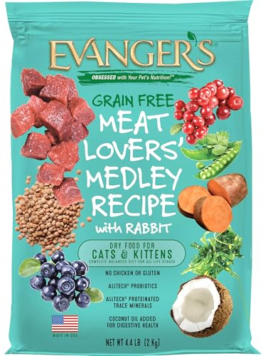 Evanger's Grain-Free Meat Lover's Medley with Rabbit Dry Cat Food – 4.4 lb – Buffalo, Pork & Rabbit Proteins – Grain & Gluten Free – Rich in Omegas & Probiotics
