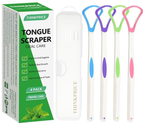 Tongue Scraper Cleaner 100% BPA Free Tongue Scrapers with Travel Handy Case for Adults, Kids, Healthy Oral Care, Easy to Use, Help Fight Bad Breath (4 PACK)