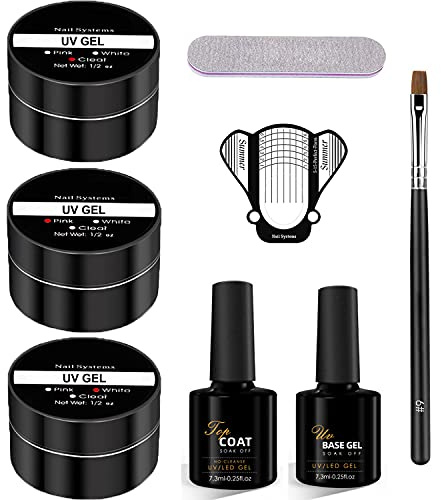 TEEROVA Builder Gel Nail Kit - 3 Colors 30g Clear Pink White Nail Extension Hard Gel Nail Kit Nail Strengthen UV Gel Nail Art Manicure Set with Nail Forms Nail Brush Gel Base Top Coat Set