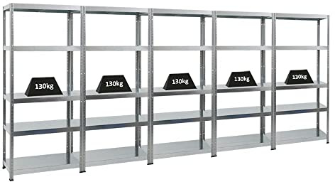 PROREGAL Mega Deal 5X Étagère Charge Lourde Steel Eagle | HxLxP 180x80x40cm | 130kg par Niveau | Galvanisé | Lot d'étagères Robustes de Garage, Atelier, Cave, sous-Sol, Stockage, Rangement, Rayonnage