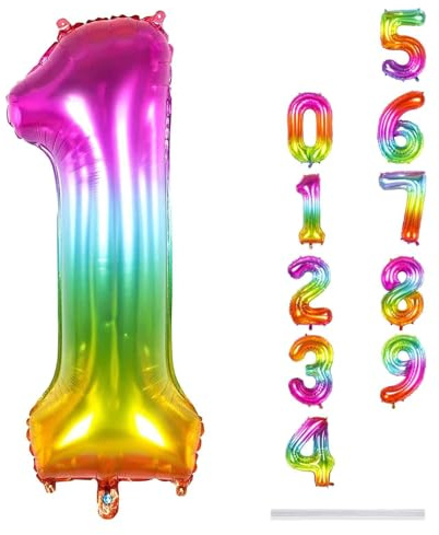Rainbow Foil Balloon Number 1, 40'' Self Inflating Number Balloons Set 0-9, Large Number 1 Helium Balloon for Girls Women 1st Birthday Baby Shower Graduation Anniversary Party Decorations Supplies