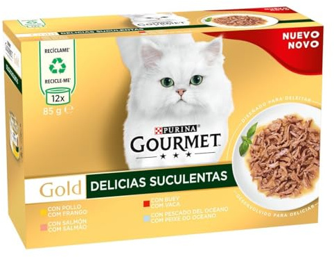 Gourmet Purina Gold Delicias Suculentas, Comida Húmeda para Gato Pack Surtido, 12 latas de 85g