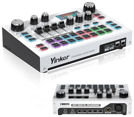 Yinker Streaming Audio Mixer, LCD Gaming Audio Mixer Interface, Live Sound Card with Bluetooth, 48V Phantom Power for Live Streaming Podcast, Recording, Gaming
