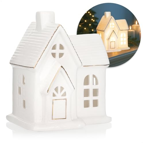 COM-FOUR® Casa LED de Porcelana, casa de luz Que Funciona con Pilas | casa de luz decorativa blanca brillante para decoración navideña e invernal