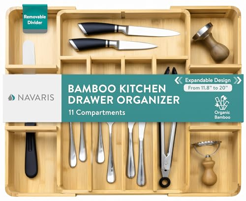 Navaris Bamboo Kitchen Drawer Organizer - Adjustable Silverware Organizer, Utensil Holder & Cutlery Tray - 11 Slots - Expandable Tray for Office, Tools, Makeup, Stationery