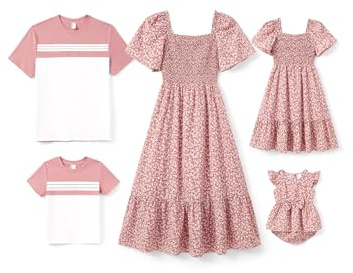 PATPAT Familien Outfits Set Kurzarm Boho-Stil, Partnerlook Mutter Tochter Kleid, Passende T-Shirt & Mutter Kind Kleider Mama Tochter Kleidung Sommer, Couple Paare Baby - Mädchen 12-18 Monate
