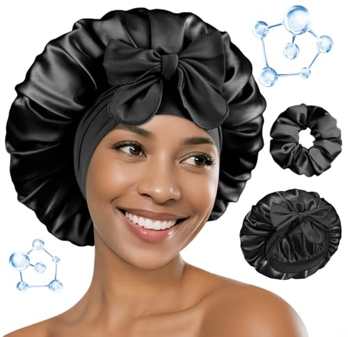 BONNET QUEEN Bonnet de Nuit en Satin Double Couche, Protection Anti-Frisottis, Réversible et Ajustable, Enrichi en Acide Hyaluronique, pour Cheveux Bouclés,Noir